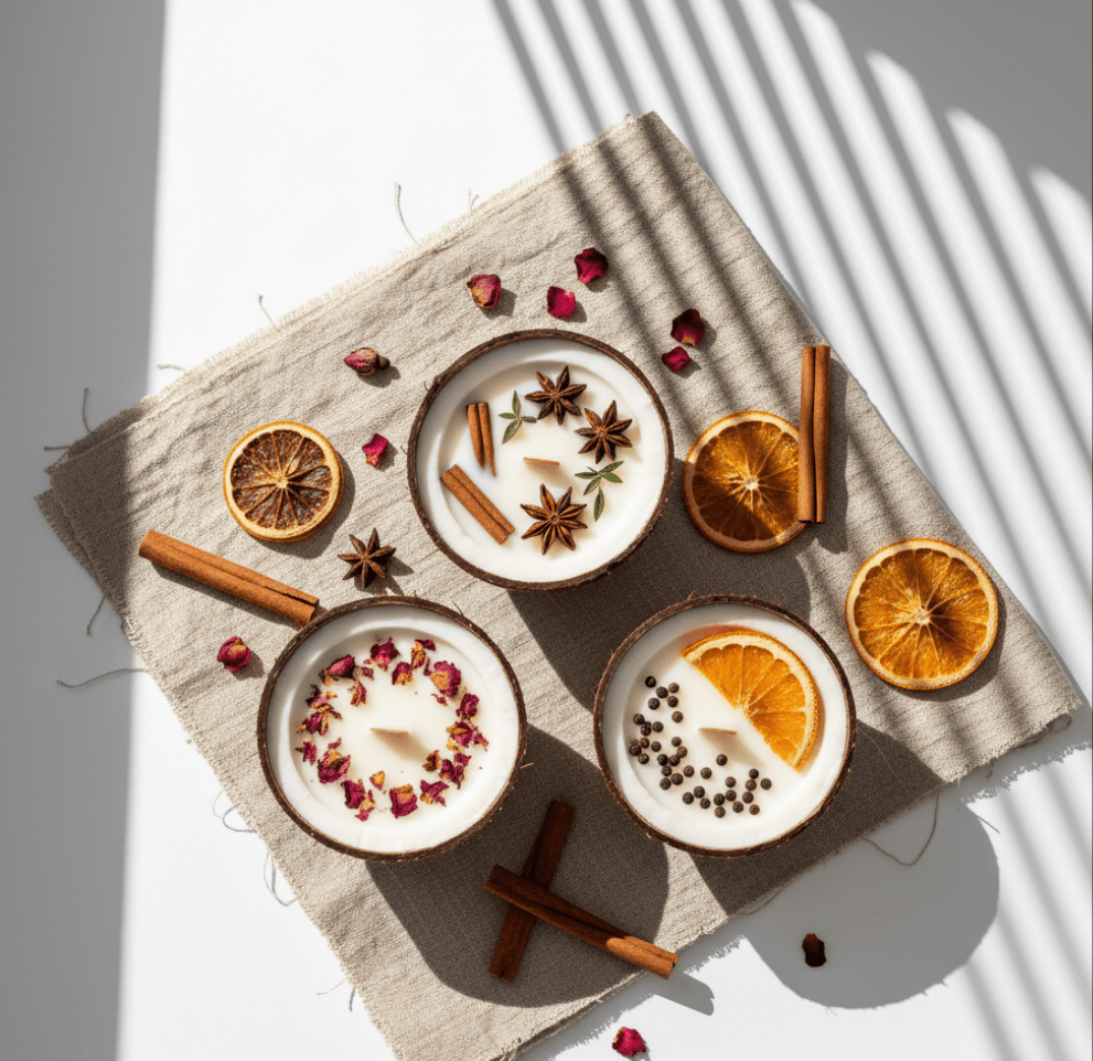 Ayraa Veda Handmade Soy Wax Coconut Shell Candles | Citrus, Cinnamon & Rose - AYRAA VEDAAYRAA VEDA