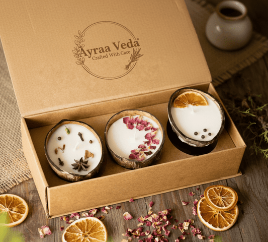 AyraaVeda Handmade Soy Wax Coconut Shell Candles | Citrus, Cinnamon & Rose - AYRAA VEDA