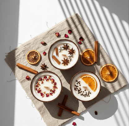 Ayraa Veda Handmade Soy Wax Coconut Shell Candles | Citrus, Cinnamon & Rose - AYRAA VEDAAYRAA VEDA